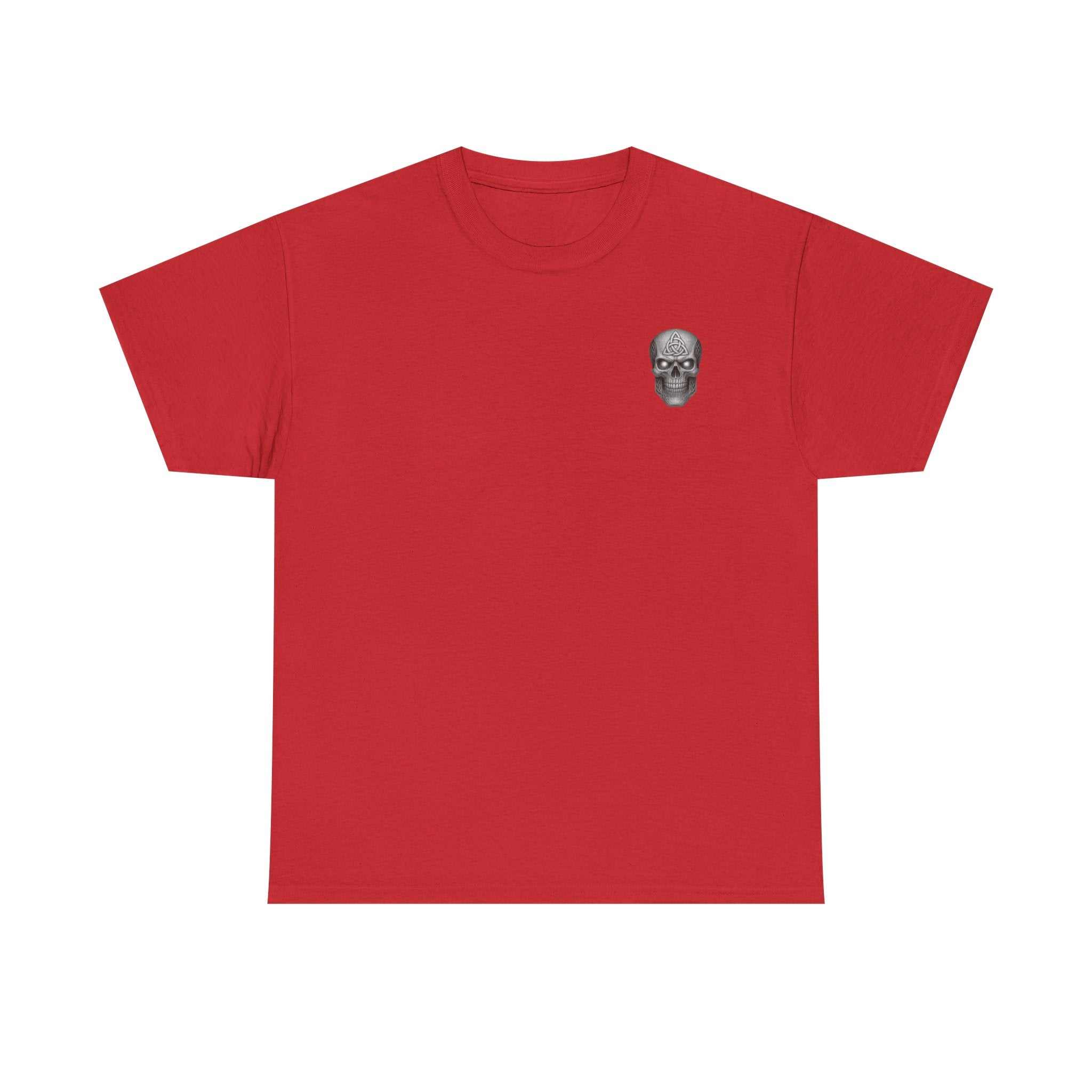 Viking God Tee size guide table showcasing measurements from S to 5XL for width, length, and sleeve length