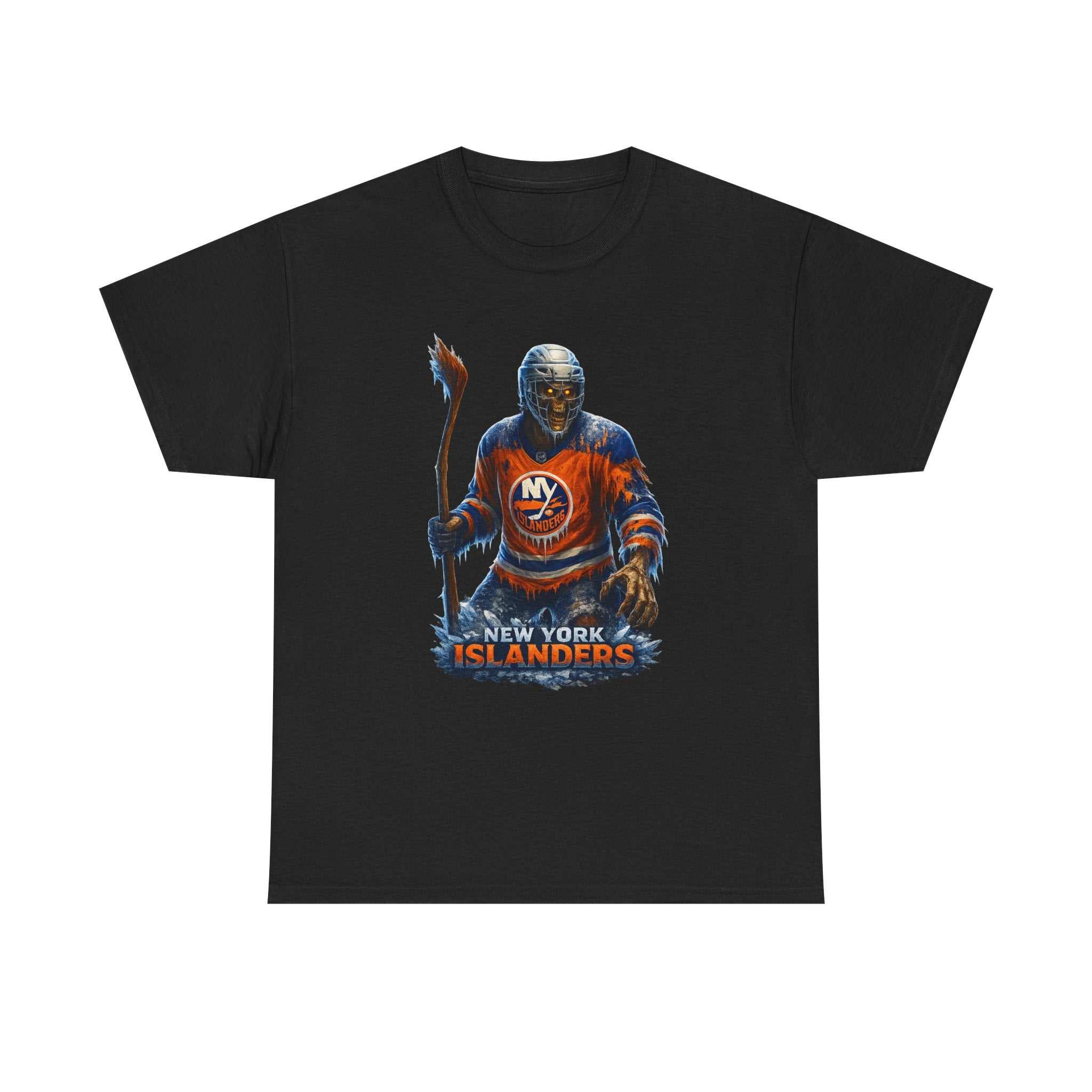 NY Islanders from Hell hockey themed black T-shirt with bold graphic design