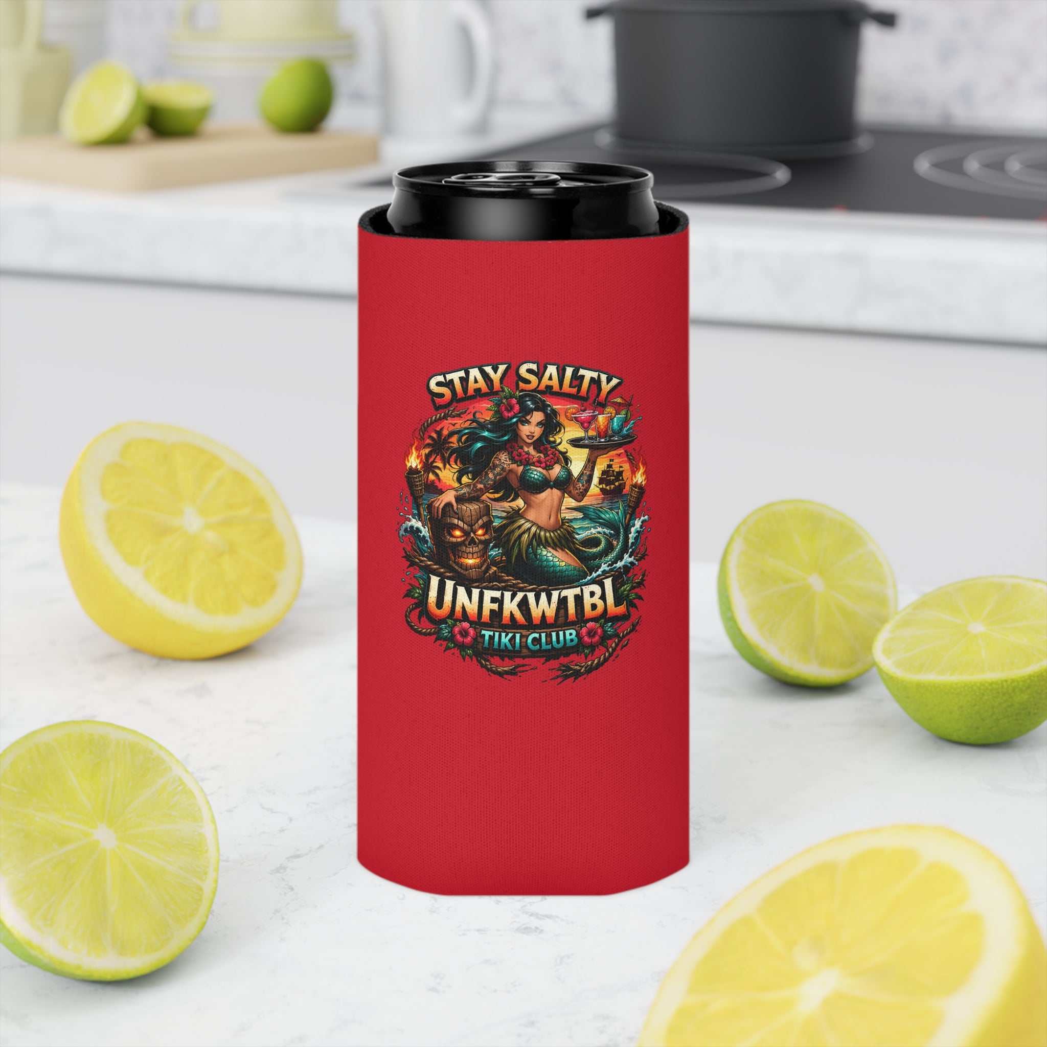 Stay Salty Tiki Can Cooler — "Stay Cold, Remain UNFKWTBL" Retro Beach Beer Koozie