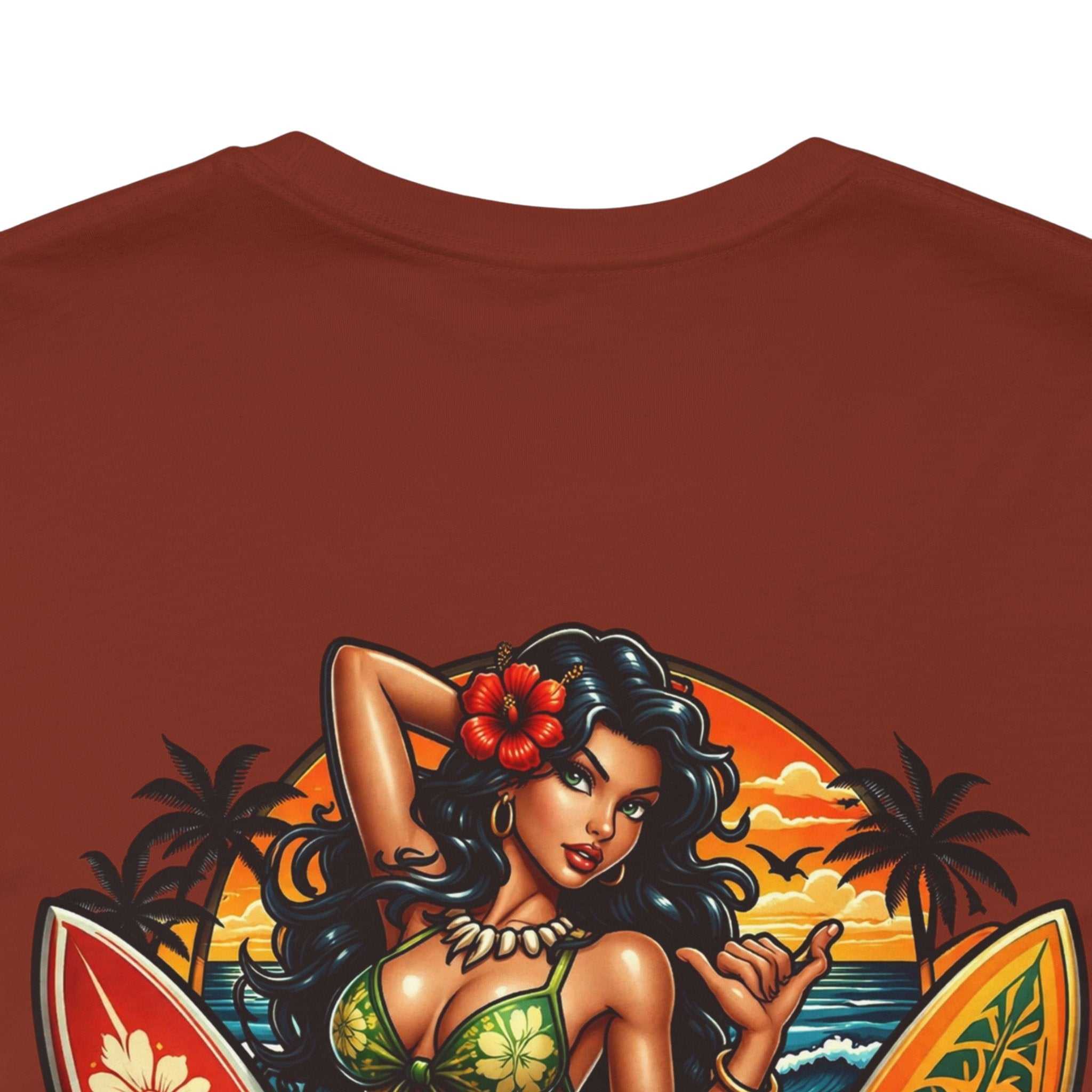 Hawaiian Surfboard T-Shirt with vibrant surfboard and hula girl graphic, tropical beach vibe design