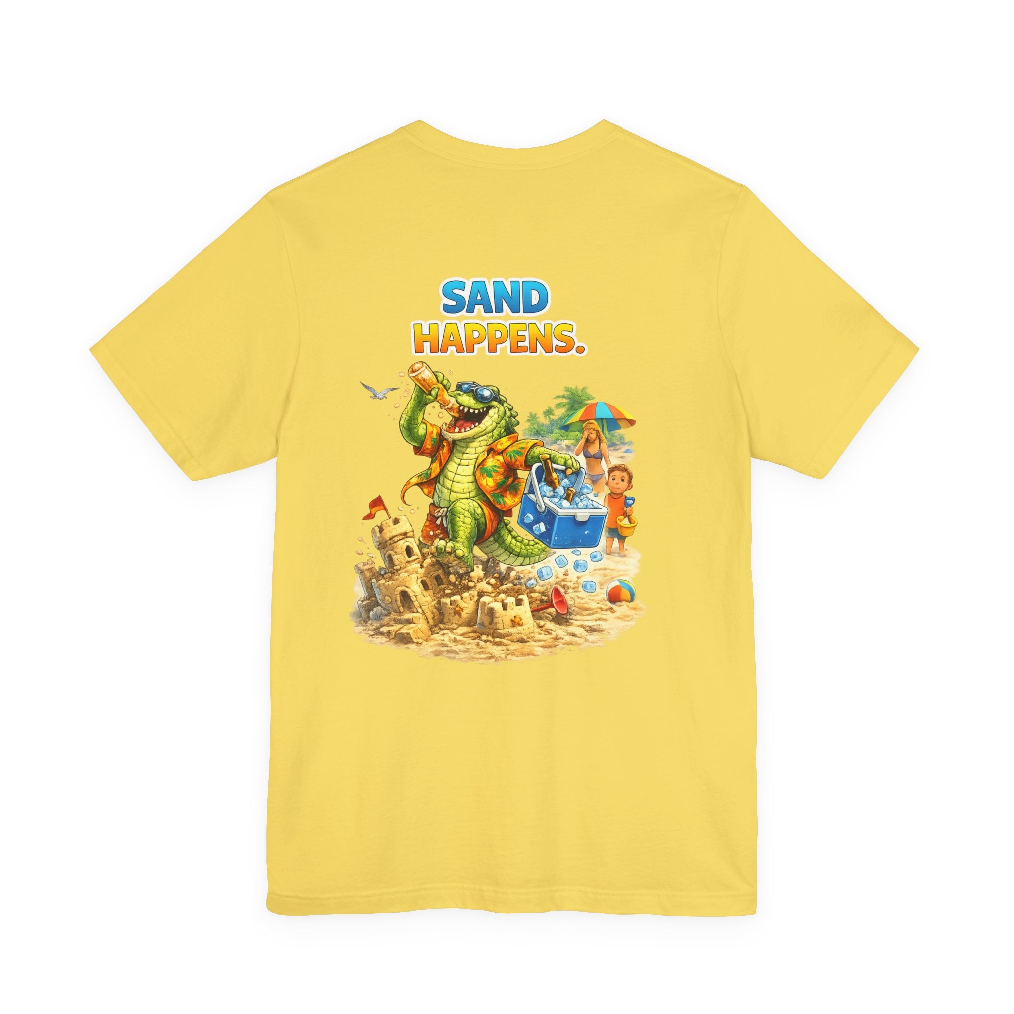 Sand Happens T-Shirt — Playful Alligator Beach Tee