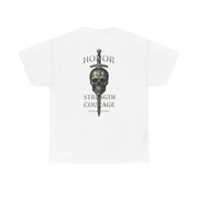 White T-shirt featuring a skull and sword design with the text honor strength courage on the back