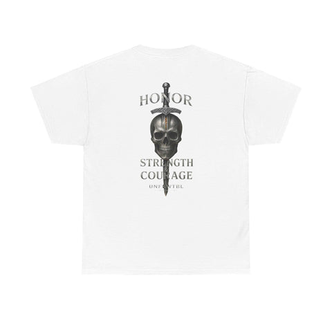 White T-shirt featuring a skull and sword design with the text honor strength courage on the back