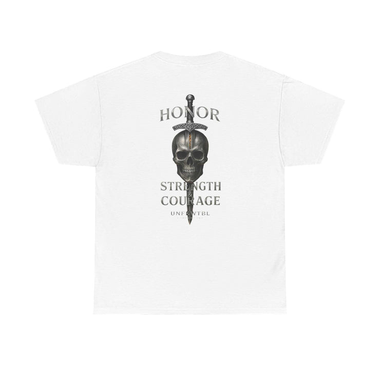 White T-shirt featuring a skull and sword design with the text honor strength courage on the back