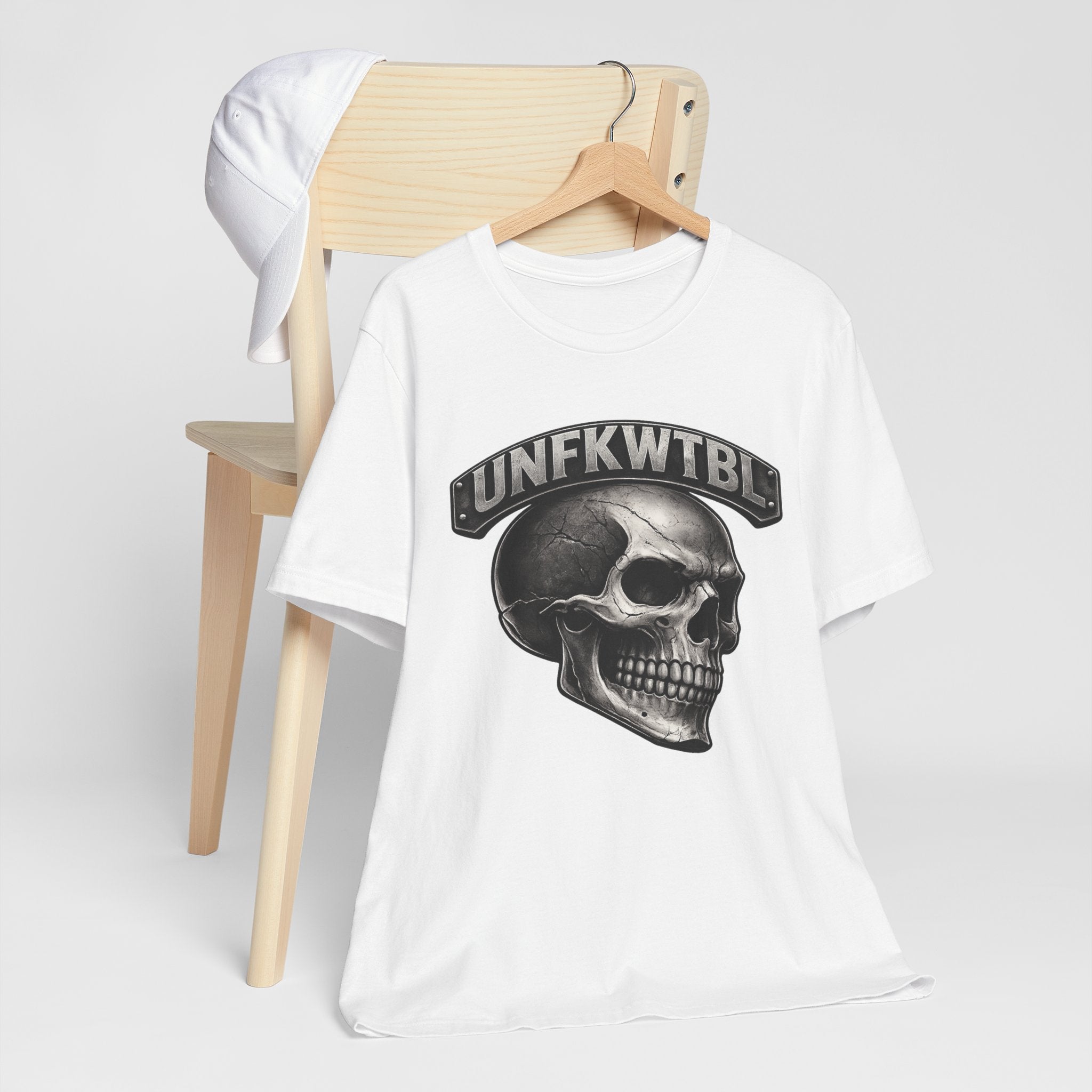 Skull Graphic Tee with 'UNFKWTBL' Banner — Gothic Skull T-Shirt