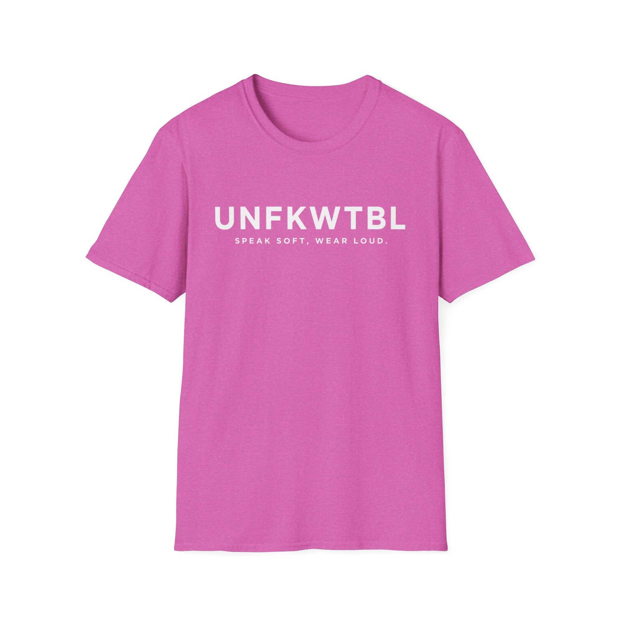 Black UNFKWTBL 'Speak Soft. Wear Loud.' T-shirt with bold chest lettering in condensed font, made of lightweight ring-spun cotton