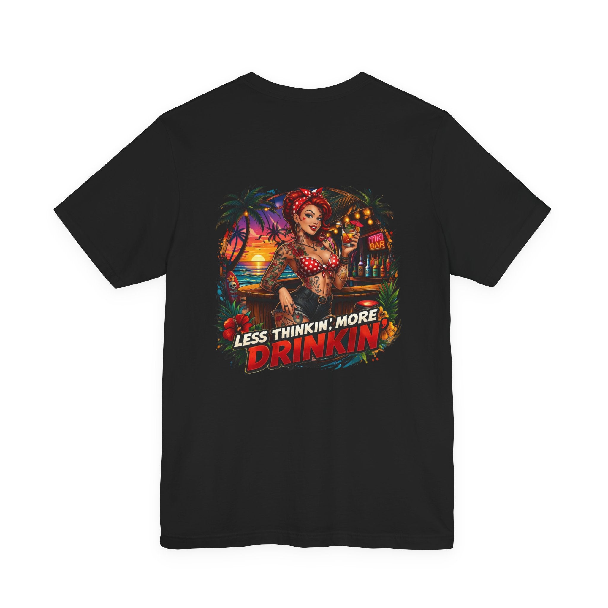 Beach Pinup T‑Shirt — "Less Thinkin', More Drinkin'" Retro Tropical Tee