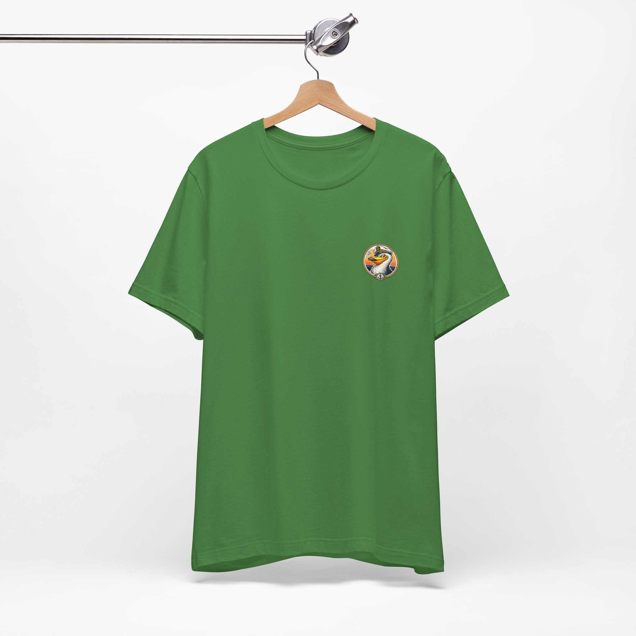 T-Shirt — Retro Pelican on Inflatable Tube Graphic Tee (Beach Vacation, Tropical Sunset)