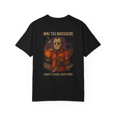 Mai Tai Massacre Jason Voorhees Graphic Tee, Vintage Summer T-shirt, Unisex Beach Shirt, Retro Campfire Apparel, Fun Gift for Outdoor Lovers
