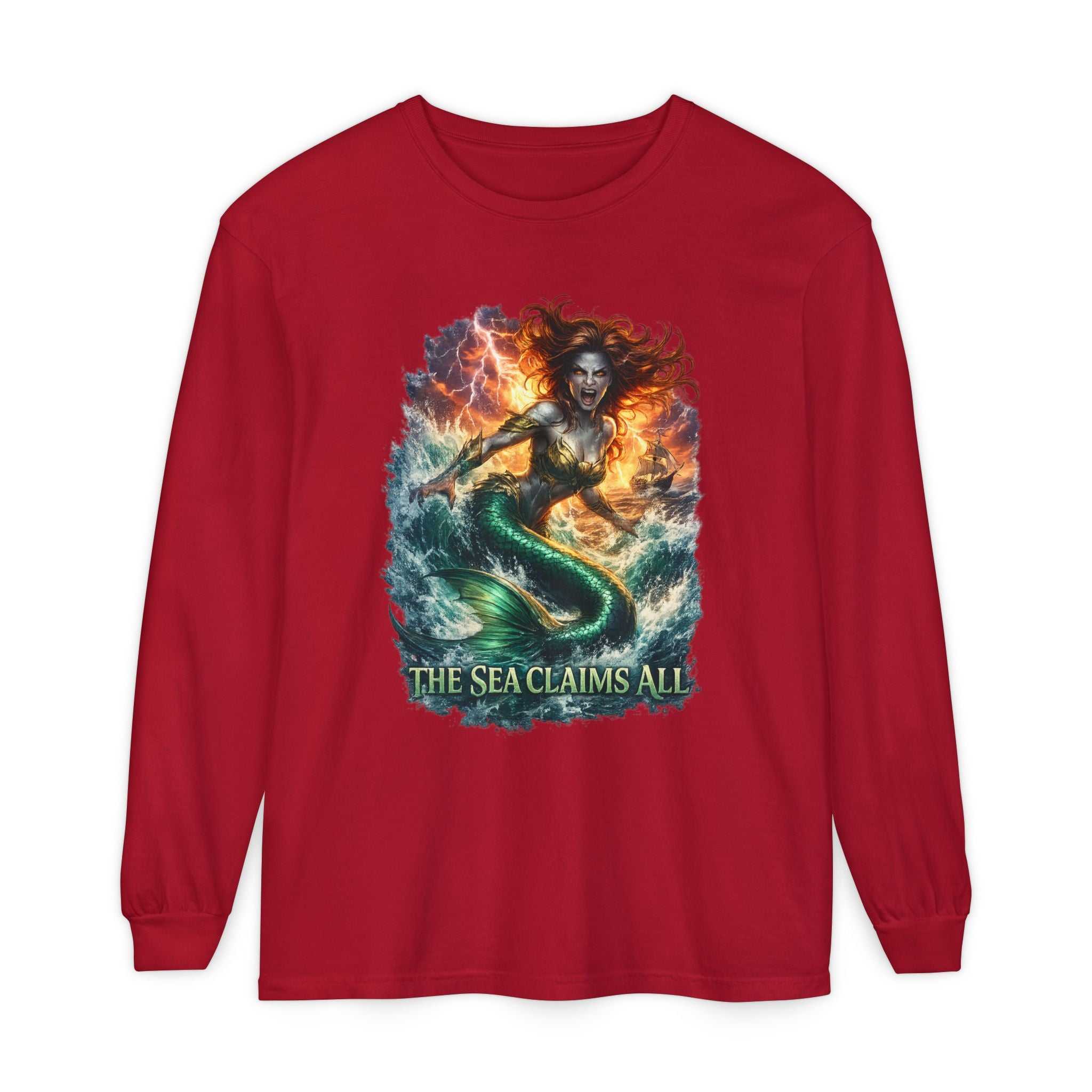 Mermaid Graphic Long Sleeve Tee — "The Sea Claims All" Nautical Fantasy Shirt