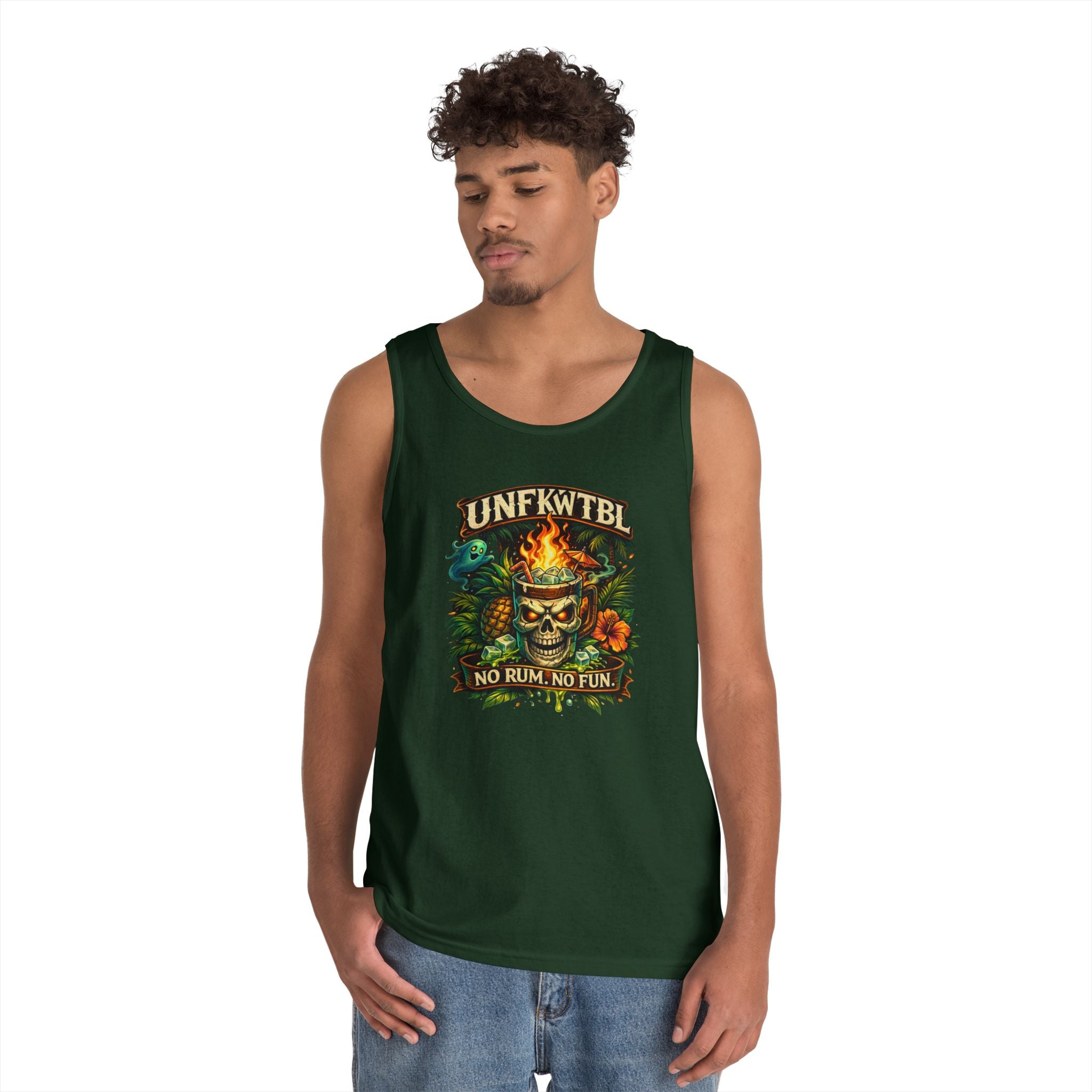 Tiki Skull Tank Top — “No Rum, No Fun” Tropical Beach Party Graphic Tank