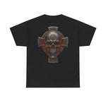 Black unisex tee with Celtic skull and cross heritage-inspired design