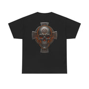 Black unisex tee with Celtic skull and cross heritage-inspired design