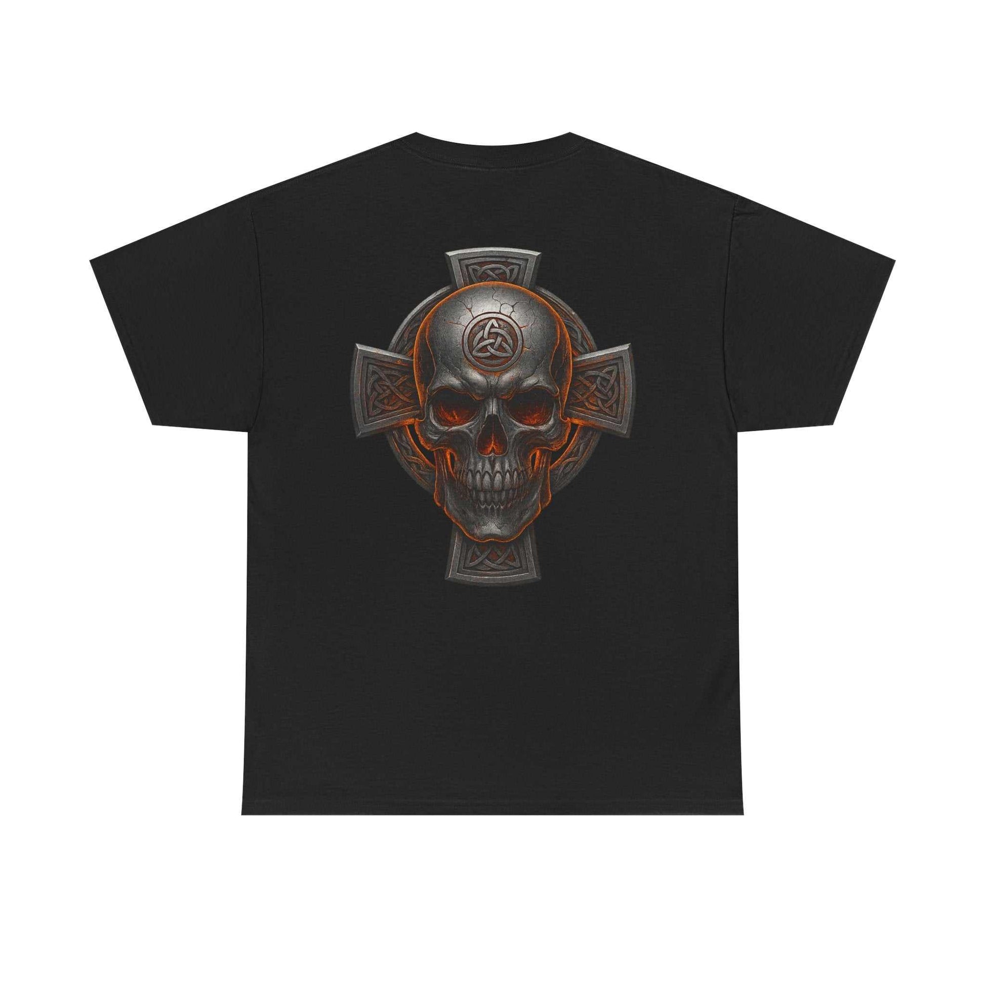 Black unisex tee with Celtic skull and cross heritage-inspired design