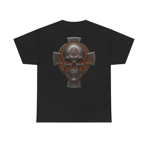 Black unisex tee with Celtic skull and cross heritage-inspired design