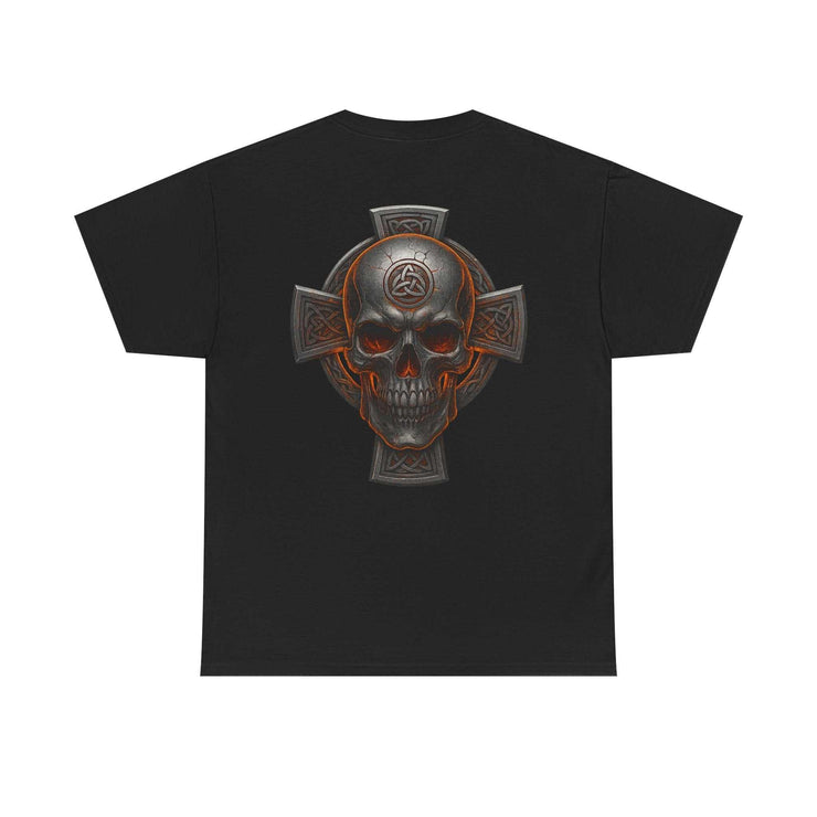 Black unisex tee with Celtic skull and cross heritage-inspired design