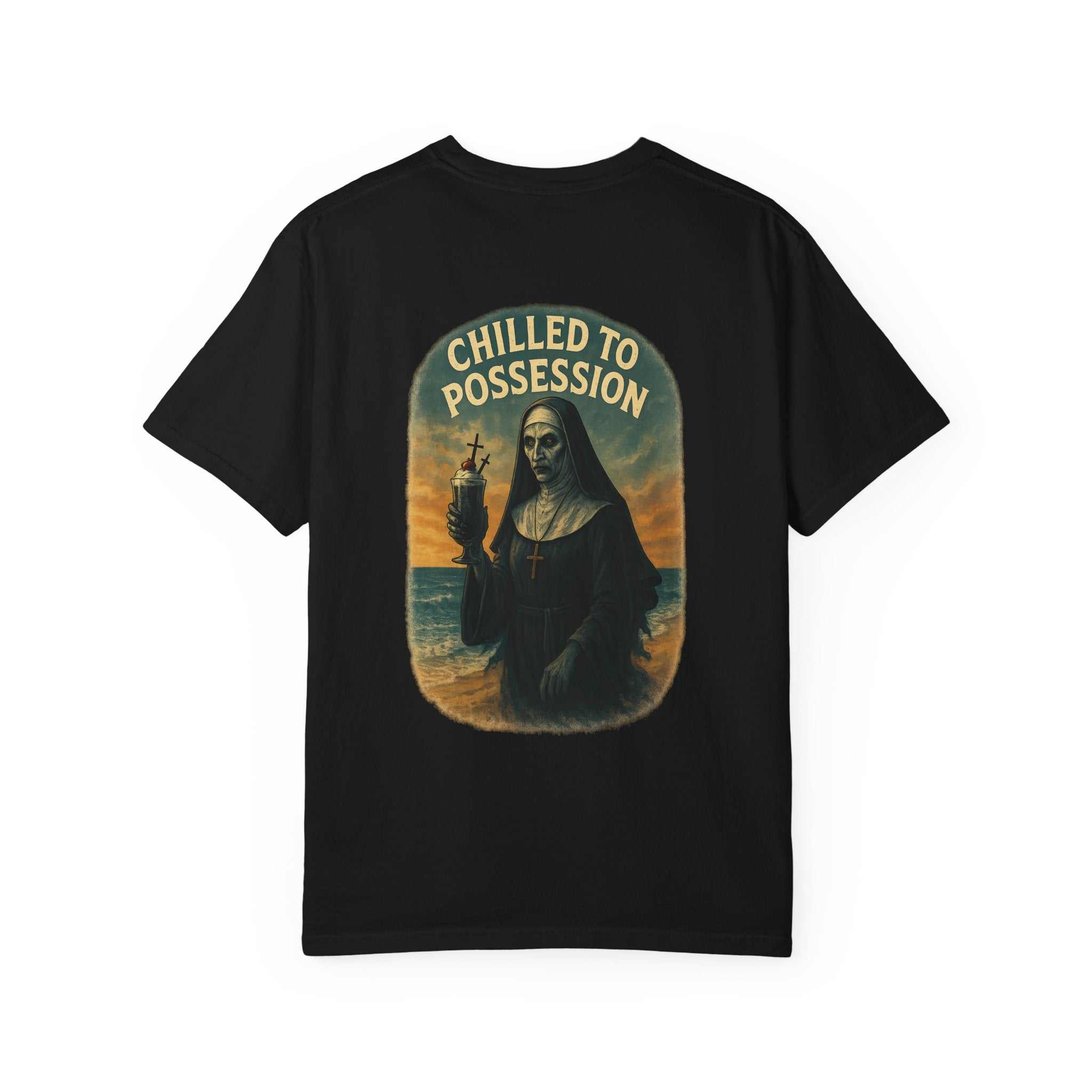 Vintage unisex THE NUN Chilled to Possession garment-dyed T-shirt with horror design, available in sizes S to 4XL