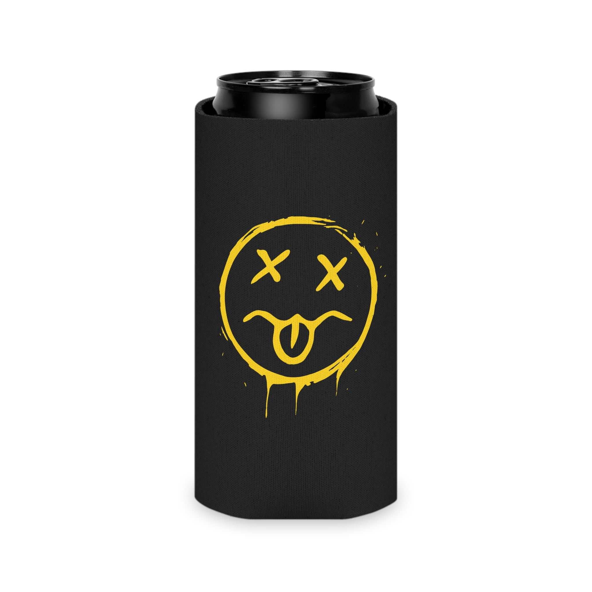 Neon Grunge Smiley Can Cooler — Yellow Drip Face Beer Koozie