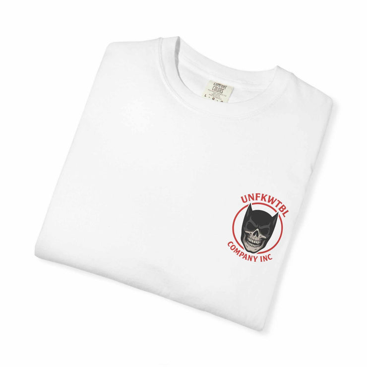 White Batman Holographic Ghostface unisex T-shirt folded showing logo with skull in Batman mask and UNFKWTBL company text