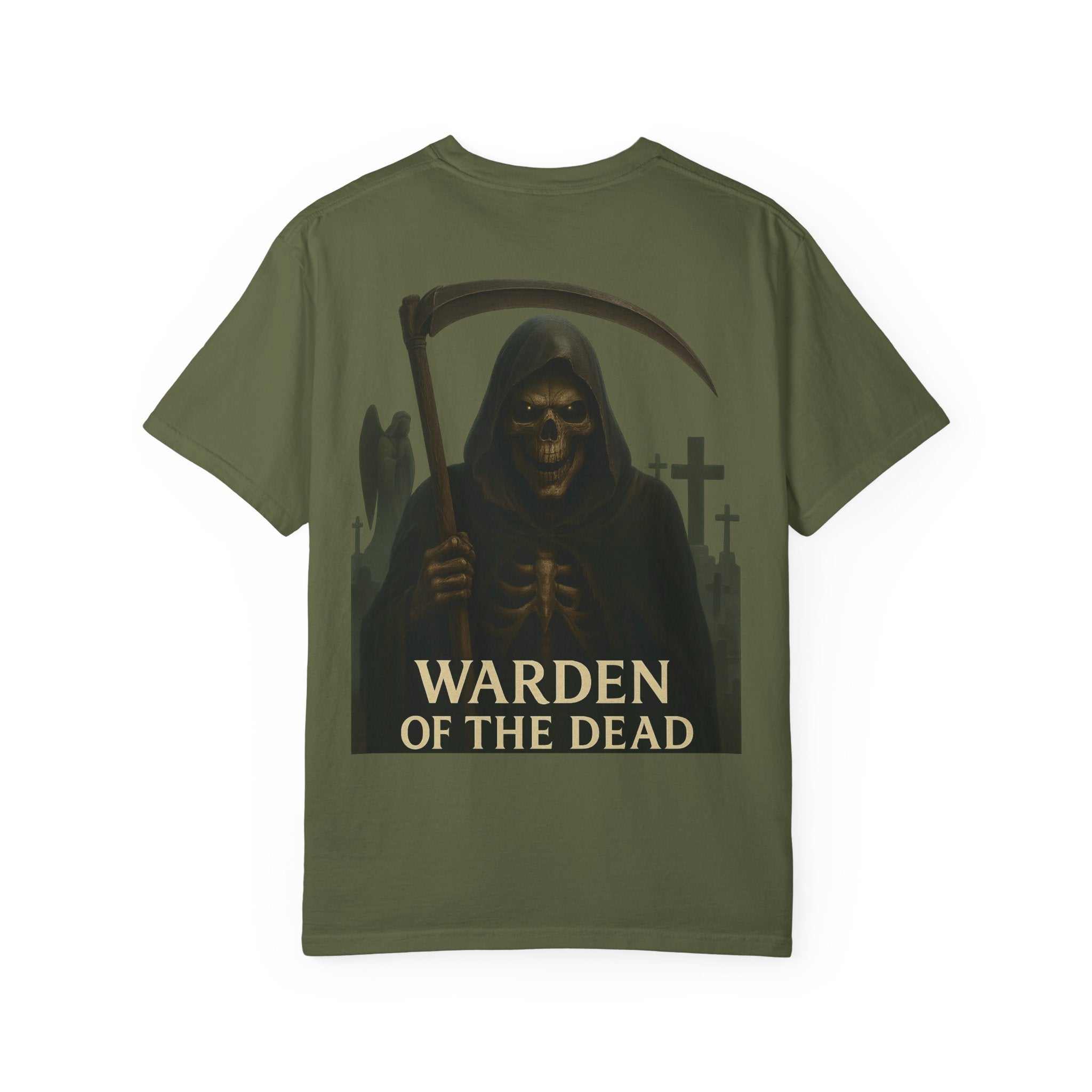 Warden of the Dead unisex t-shirt with grim reaper graphic and text on olive green casual streetwear tee