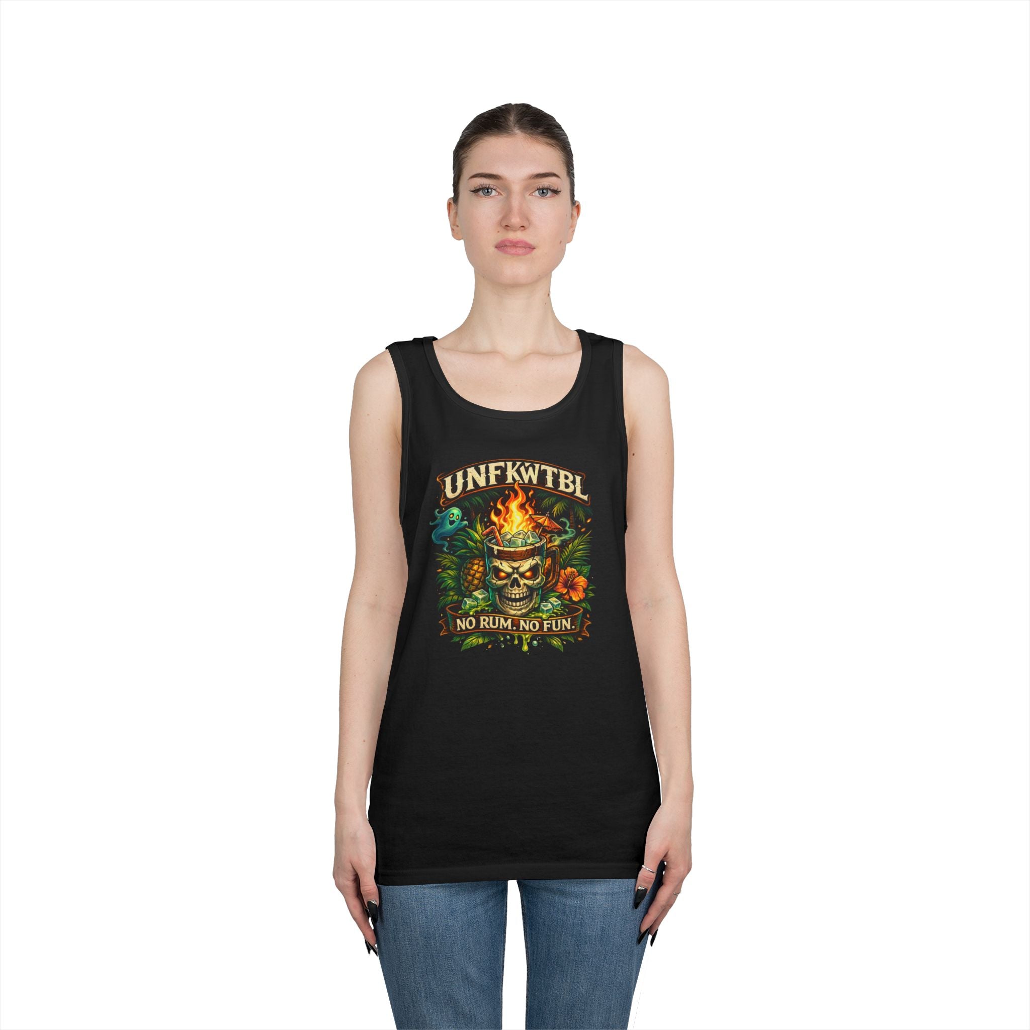Tiki Skull Tank Top — “No Rum, No Fun” Tropical Beach Party Graphic Tank