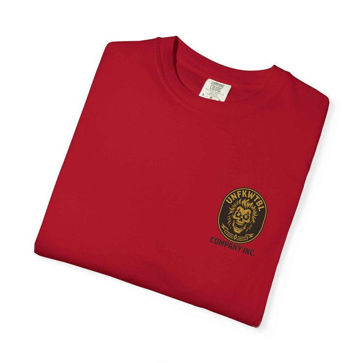 Hades Pool Hall unisex garment-dyed red t-shirt with graphic logo on chest, made from 100% US cotton