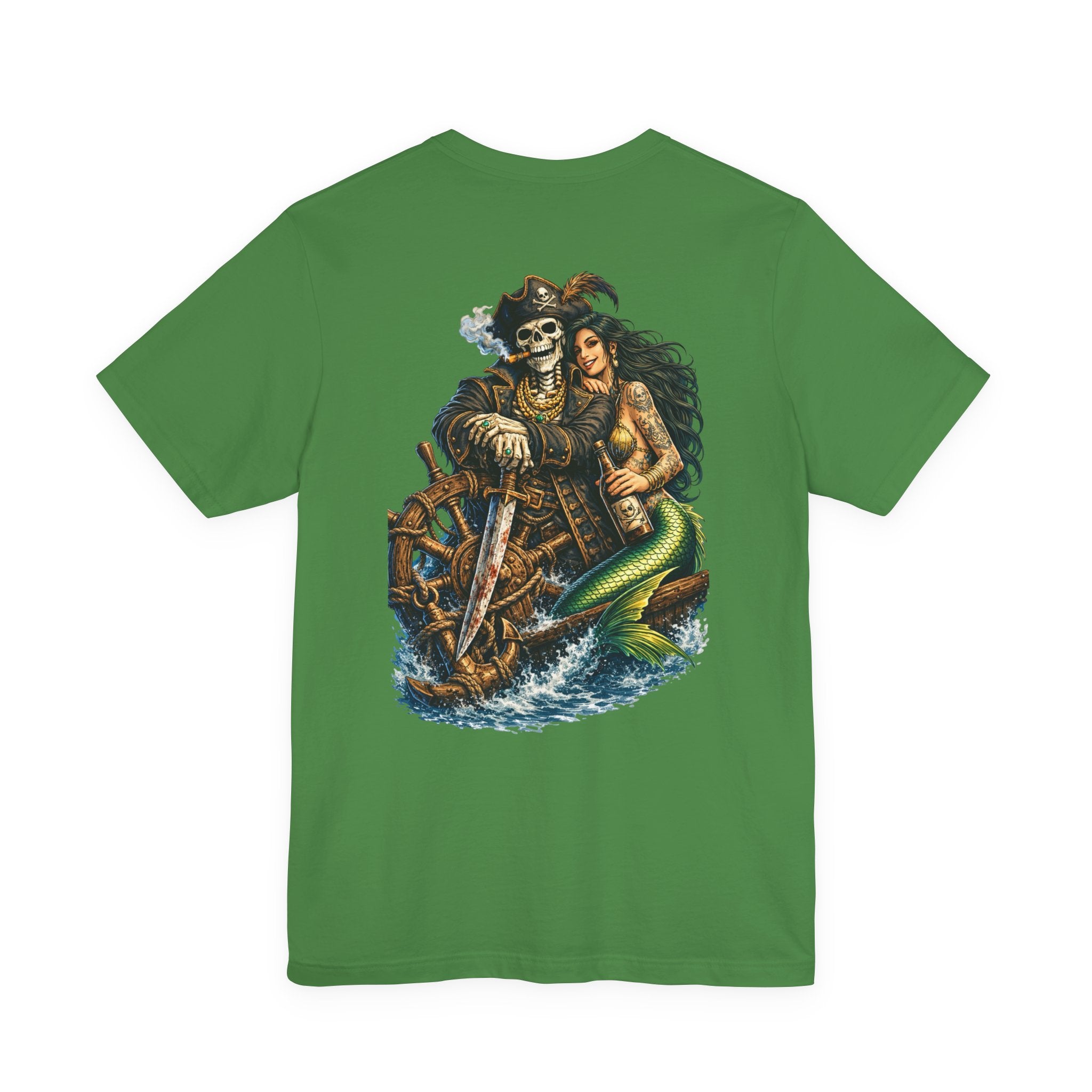 Pirate Skeleton & Mermaid Graphic Tee — Nautical Skull Crew Neck Shirt