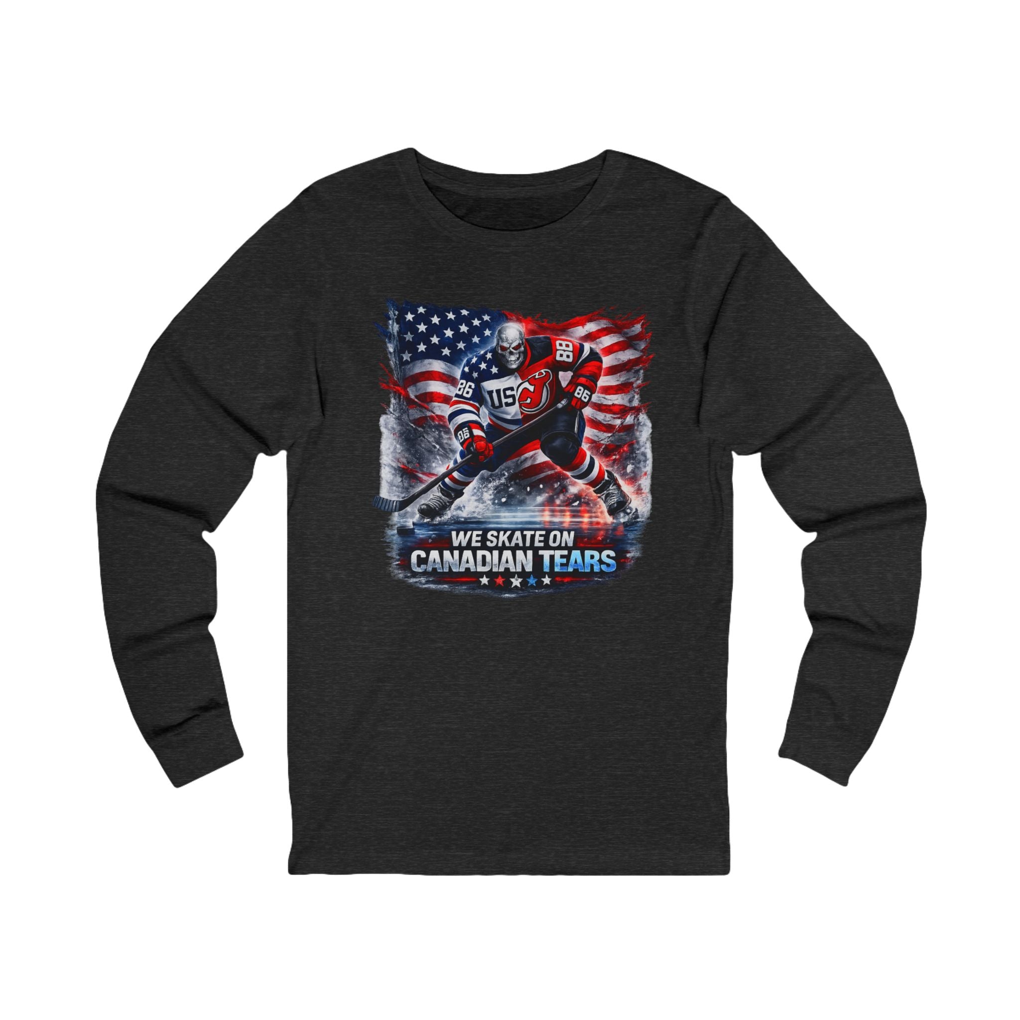 Hockey Long Sleeve Tee — We Skate on Canadian Tears (USA Flag Graphic)