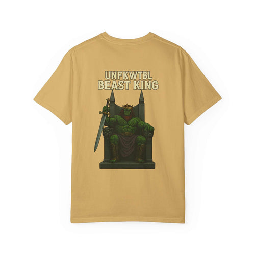 Unisex garment-dyed beige t-shirt with Beast King vintage graphic design on back, casual fit for gamers and holiday gifts