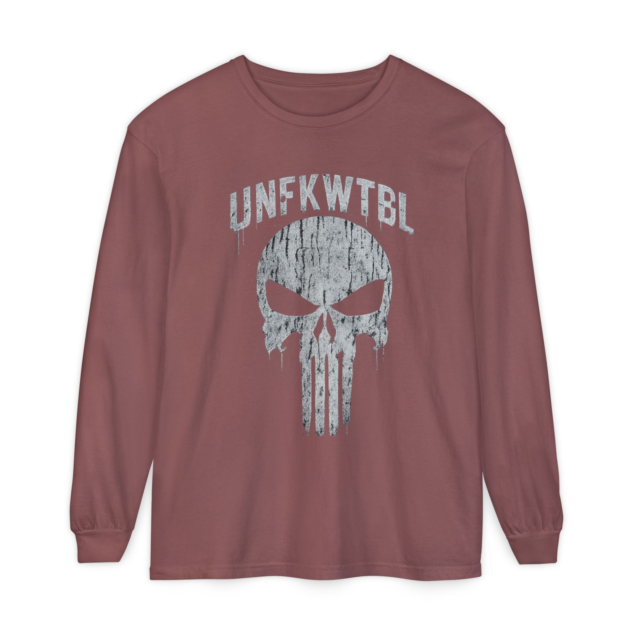 Punisher Skull Long Sleeve Tee — 'UNFKWTBL' Distressed Graphic