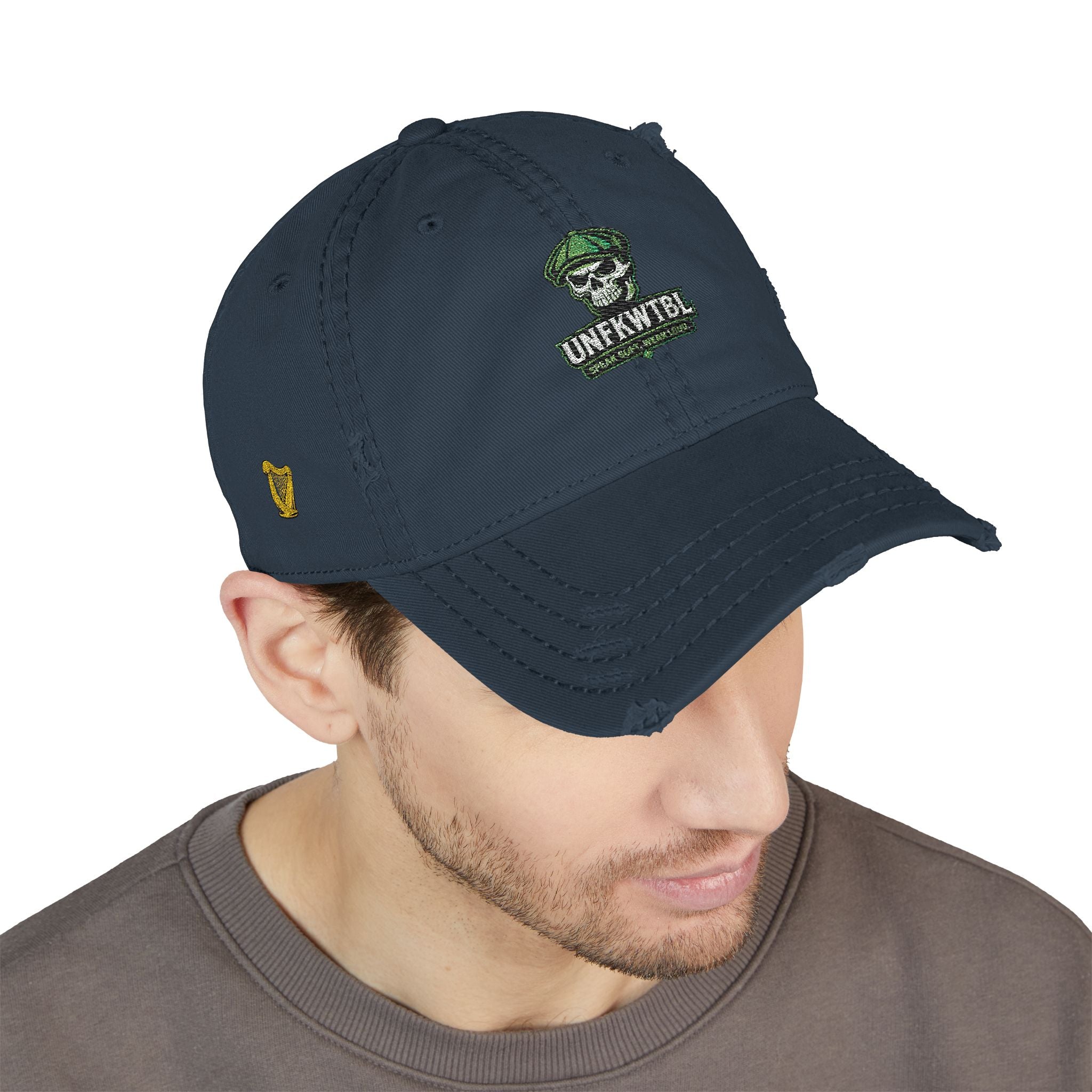 Distressed Embroidered Dad Hat — Green Skull & Shamrock "UNFRWTBL"