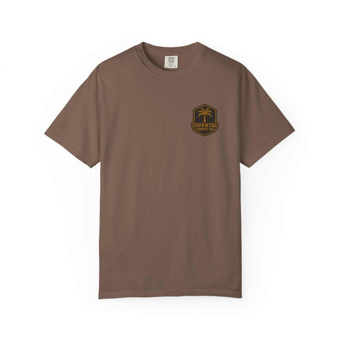 Unisex brown graphic t-shirt with small palm tree logo for beach lovers and horror fans, casual summer party apparel