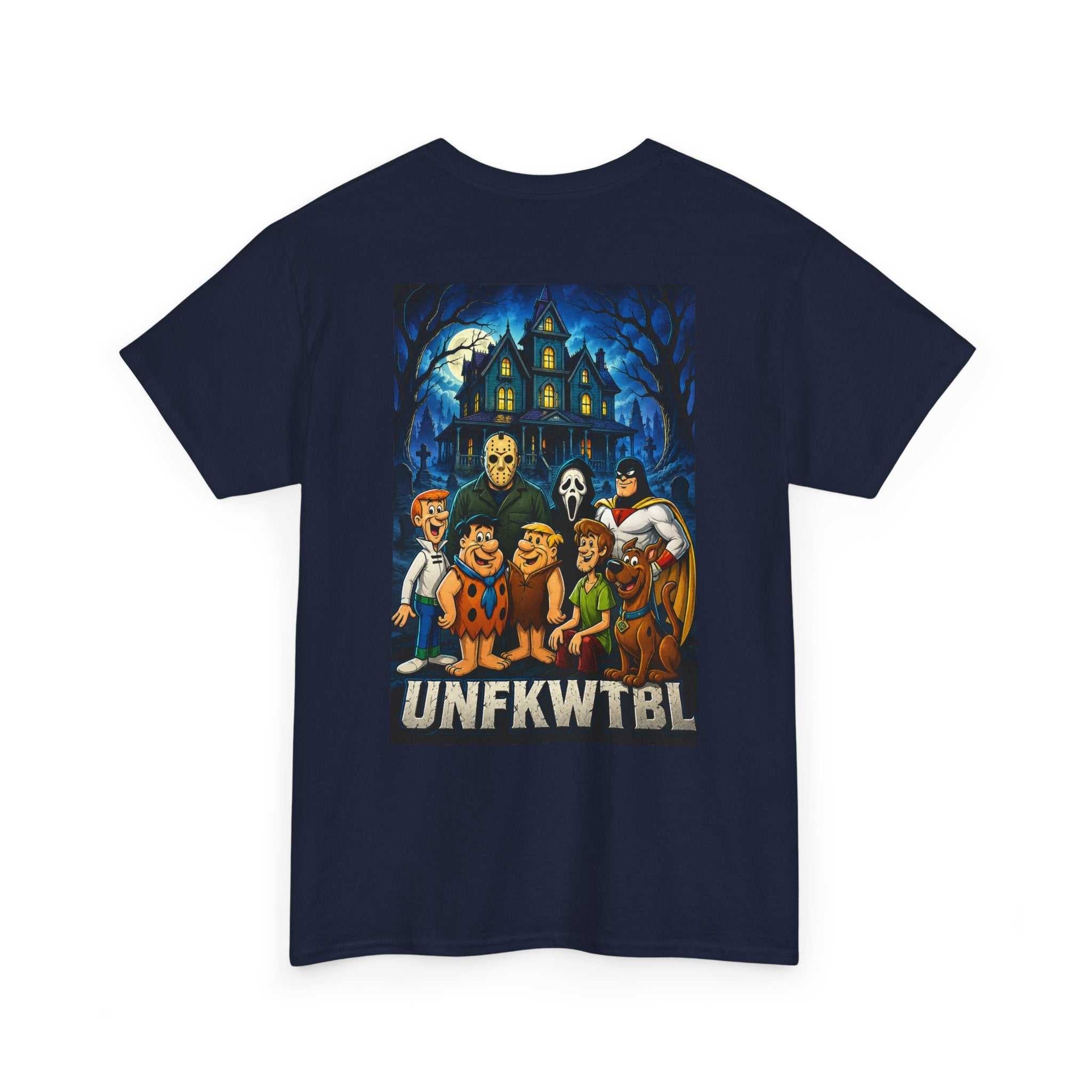 Retro Scooby-style haunted crew t-shirt with Saturday Morning Cartoons inspired spooky mansion and playful monsters design