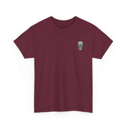 Maroon T-shirt with small skull and sword design symbolizing honor strength and courage