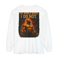 The World Bends I Don’t unisex long sleeve t-shirt in garment-dyed cotton with ribbed cuffs and durable double needle hems