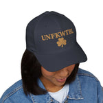 Unfkwtbl Embroidered Cap with gold shamrock and metallic thread detailing for St. Patrick’s Day, structured six-panel design with curved visor and silver undervisor