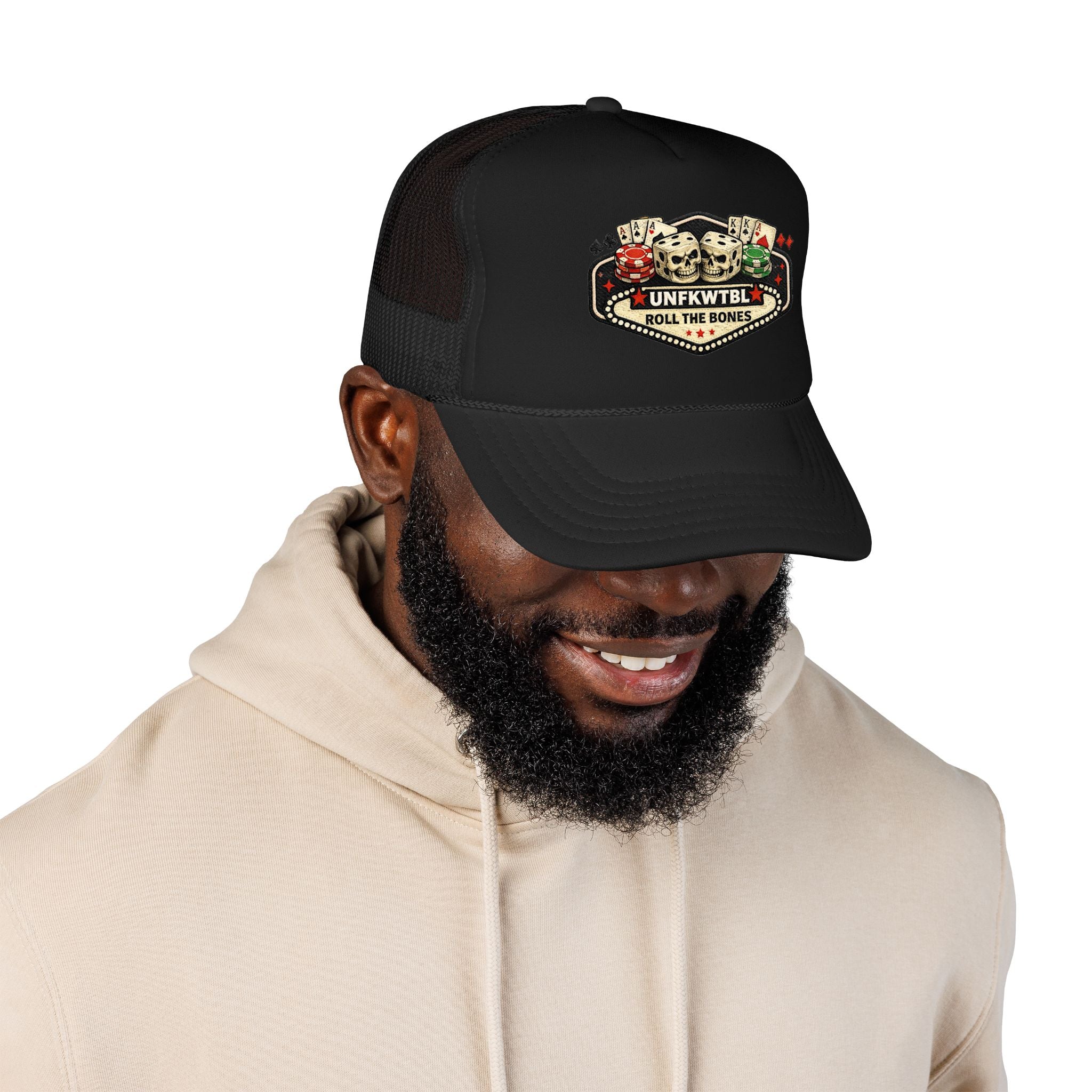Roll the Bones Trucker Hat — Skull & Dice Poker Foam Cap