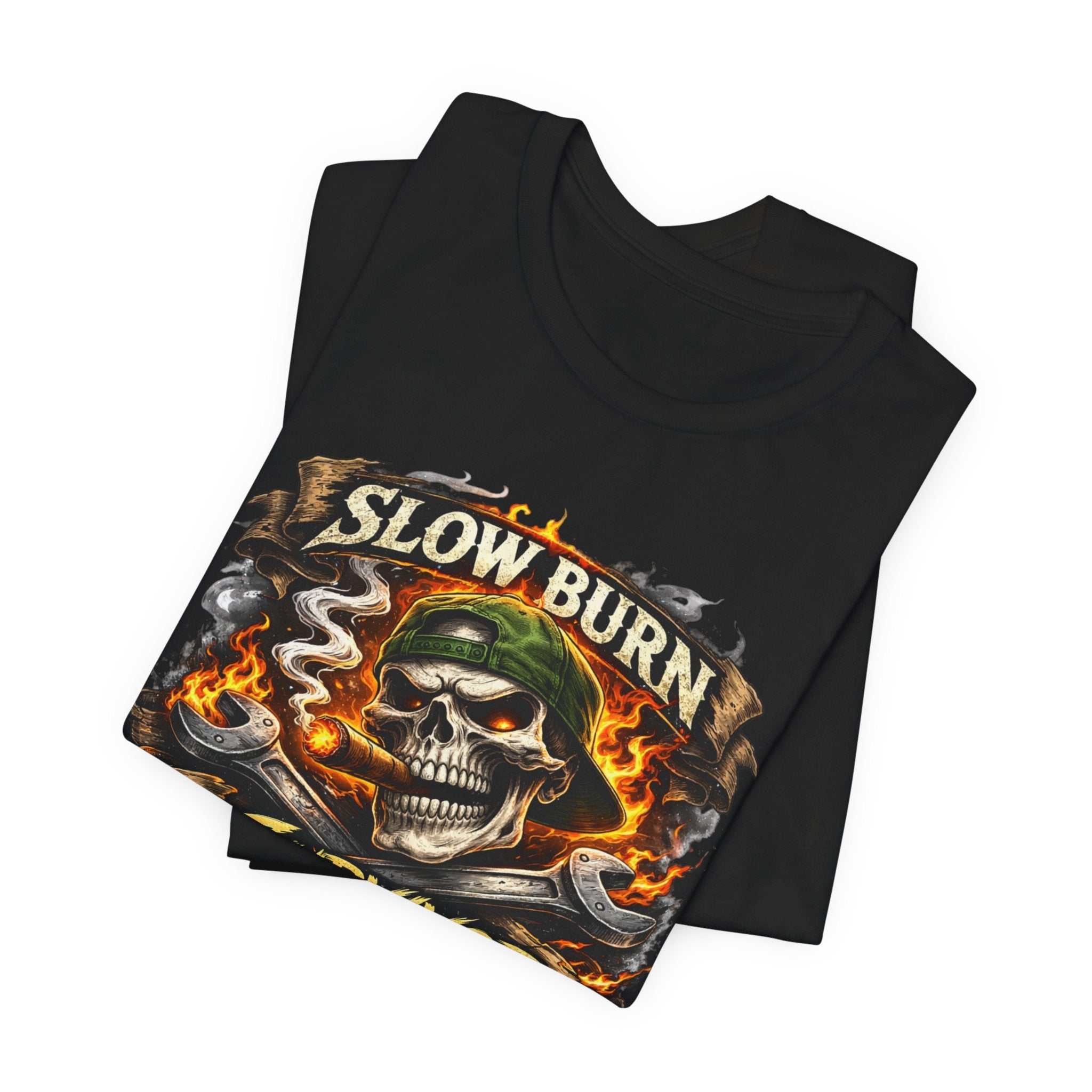 Slow Burn Survivor T‑Shirt — Skull Flame Vintage Motorcycle Tee