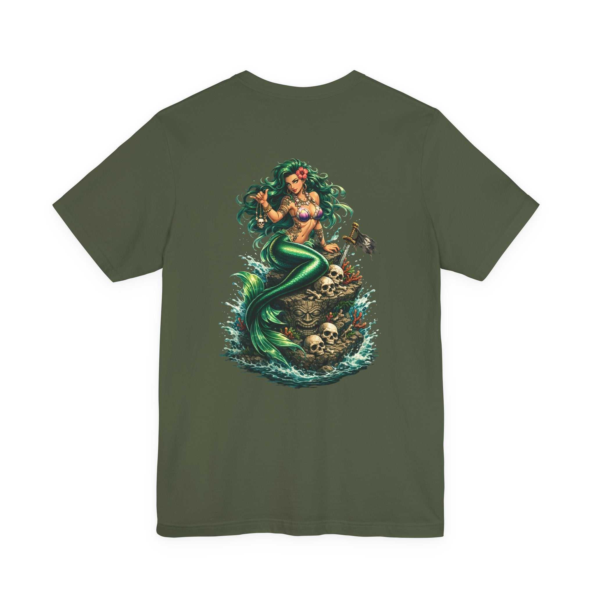 Vintage green Mermaid Skull Art Tee featuring intricate mermaid skull graphic and coastal lore design