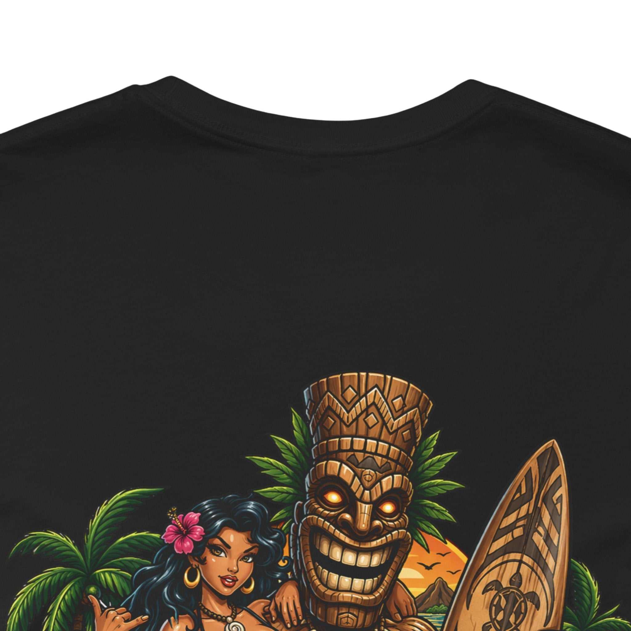 Tropical Tiki Tee with tiki, hibiscus flowers, and waves design on back, breathable cotton island-inspired shirt