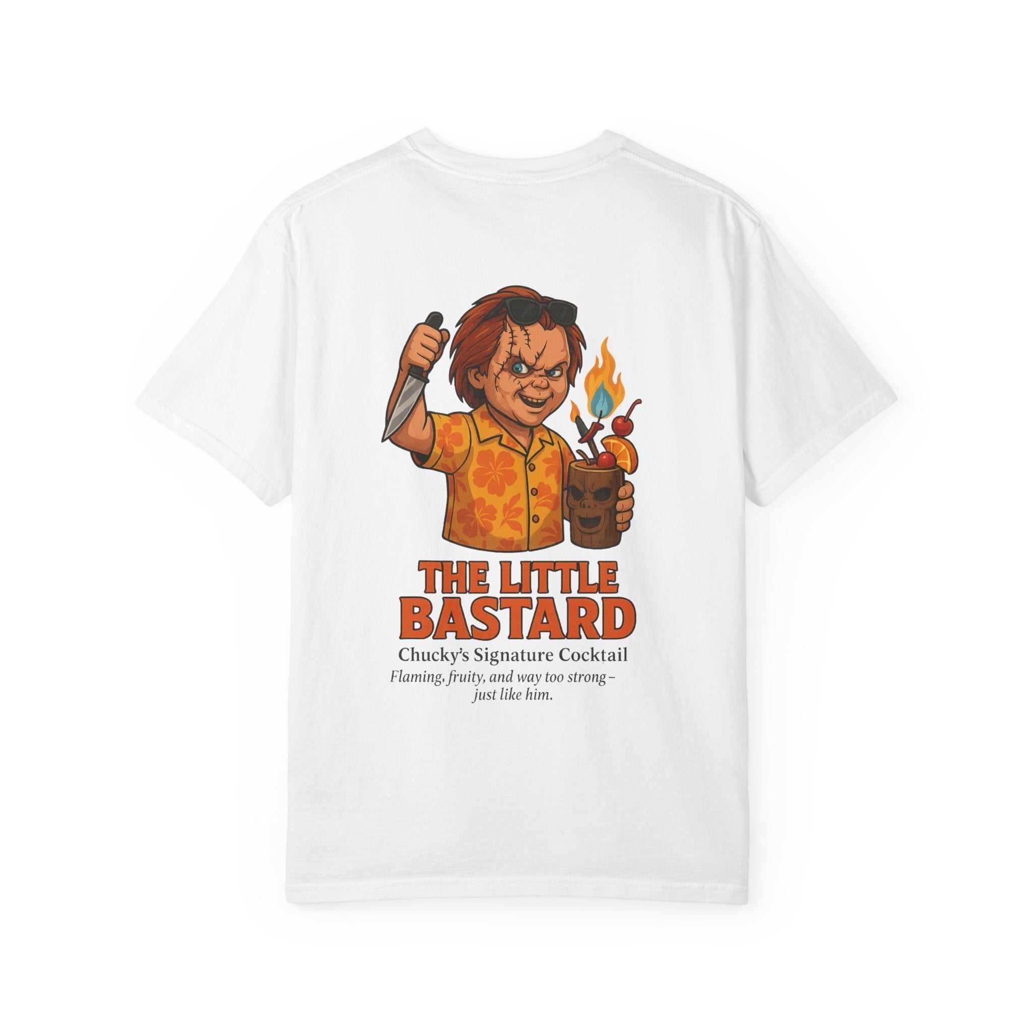 White unisex T-shirt featuring a graphic of Chucky holding a flaming cocktail and a knife with text "The Little Bastard" on the back.