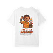 White unisex T-shirt featuring a graphic of Chucky holding a flaming cocktail and a knife with text "The Little Bastard" on the back.