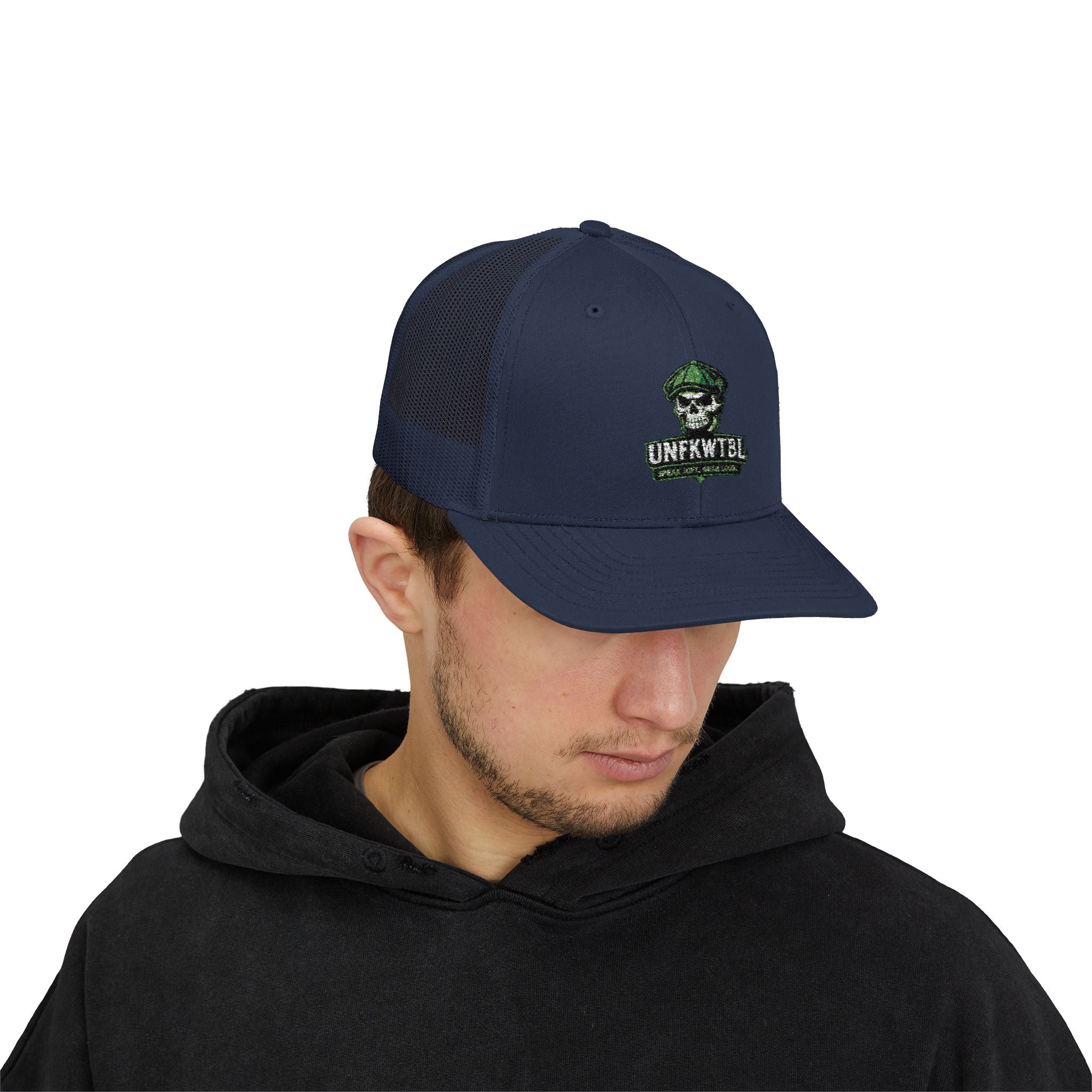 Snapback Trucker Cap — Green Camo Skull "UNFWTB1L" Embroidered Military Patch