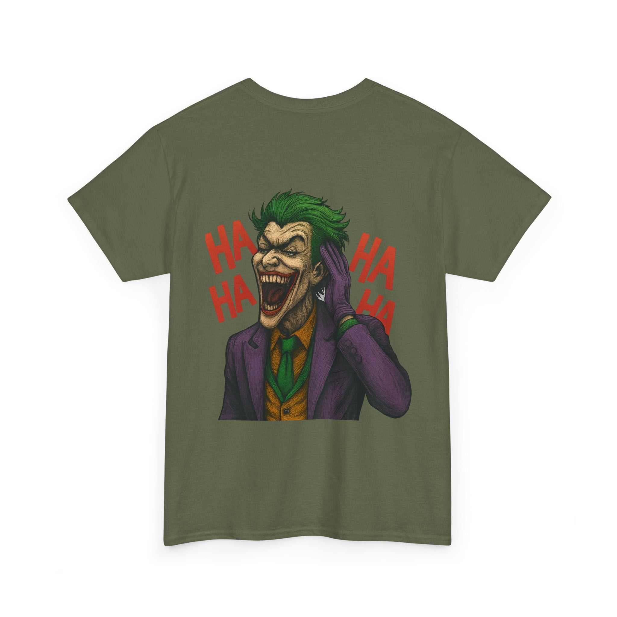 UNFKWTBL JOKER t-shirt with green and purple Joker graphic laughing and red "HA HA" text on olive background