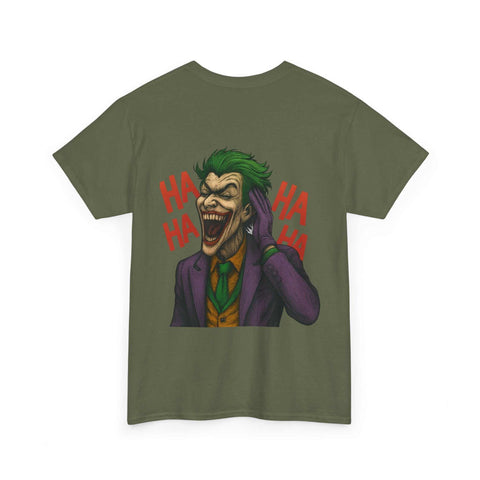UNFKWTBL JOKER t-shirt with green and purple Joker graphic laughing and red "HA HA" text on olive background