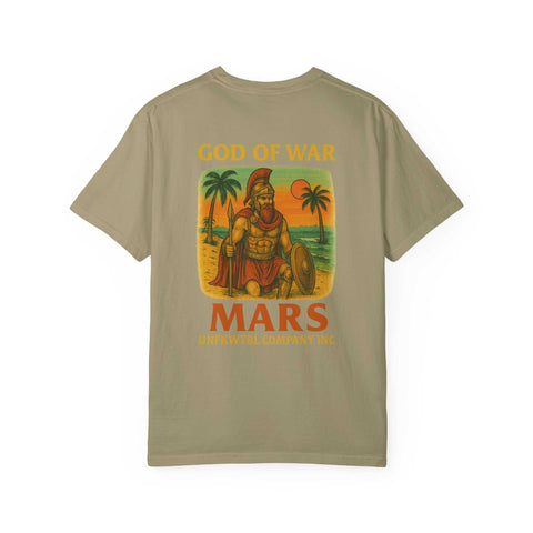 Unisex Warrior Mars T-shirt with god of war graphic on garment-dyed cotton fabric