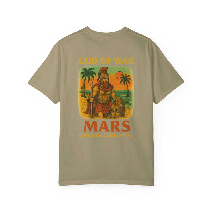 Unisex Warrior Mars T-shirt with god of war graphic on garment-dyed cotton fabric