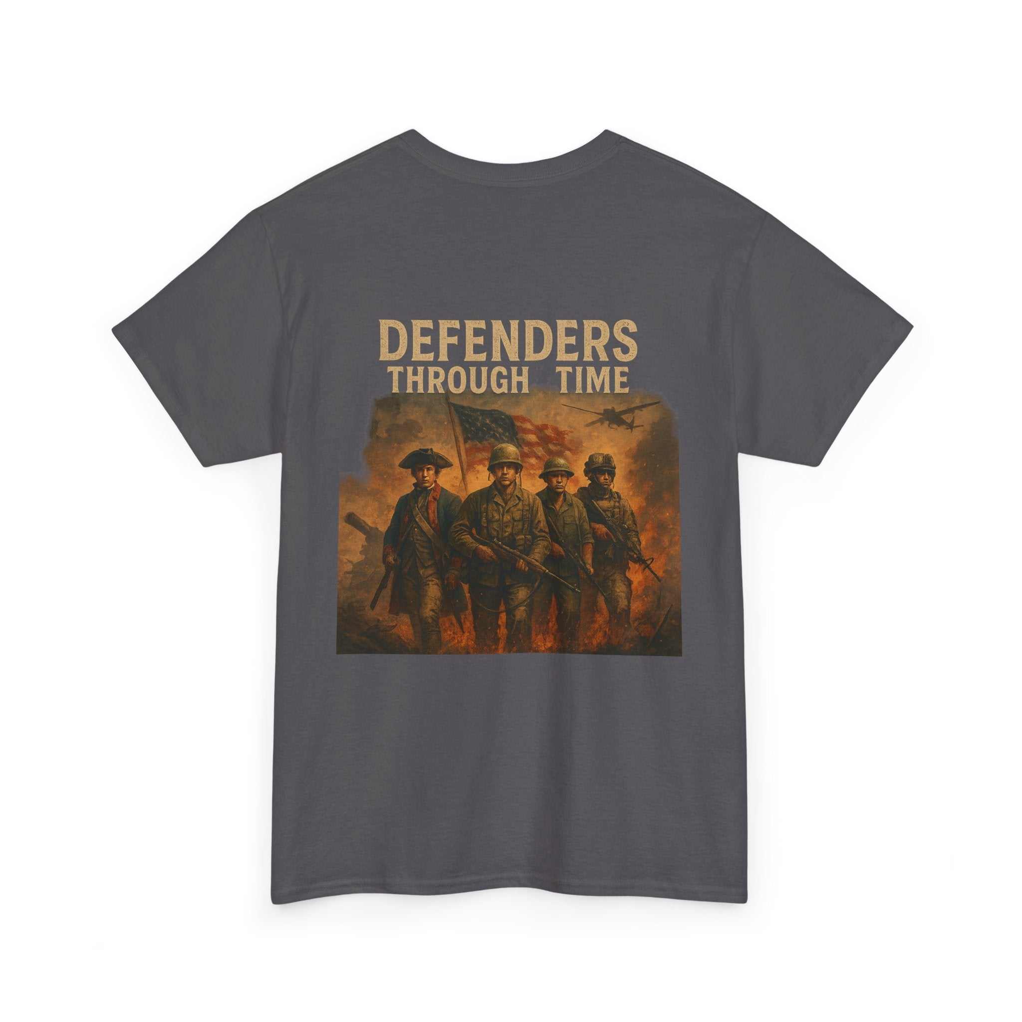 Black vintage Defenders Through Time T-shirt featuring American Strength Brotherhood soldiers graphic