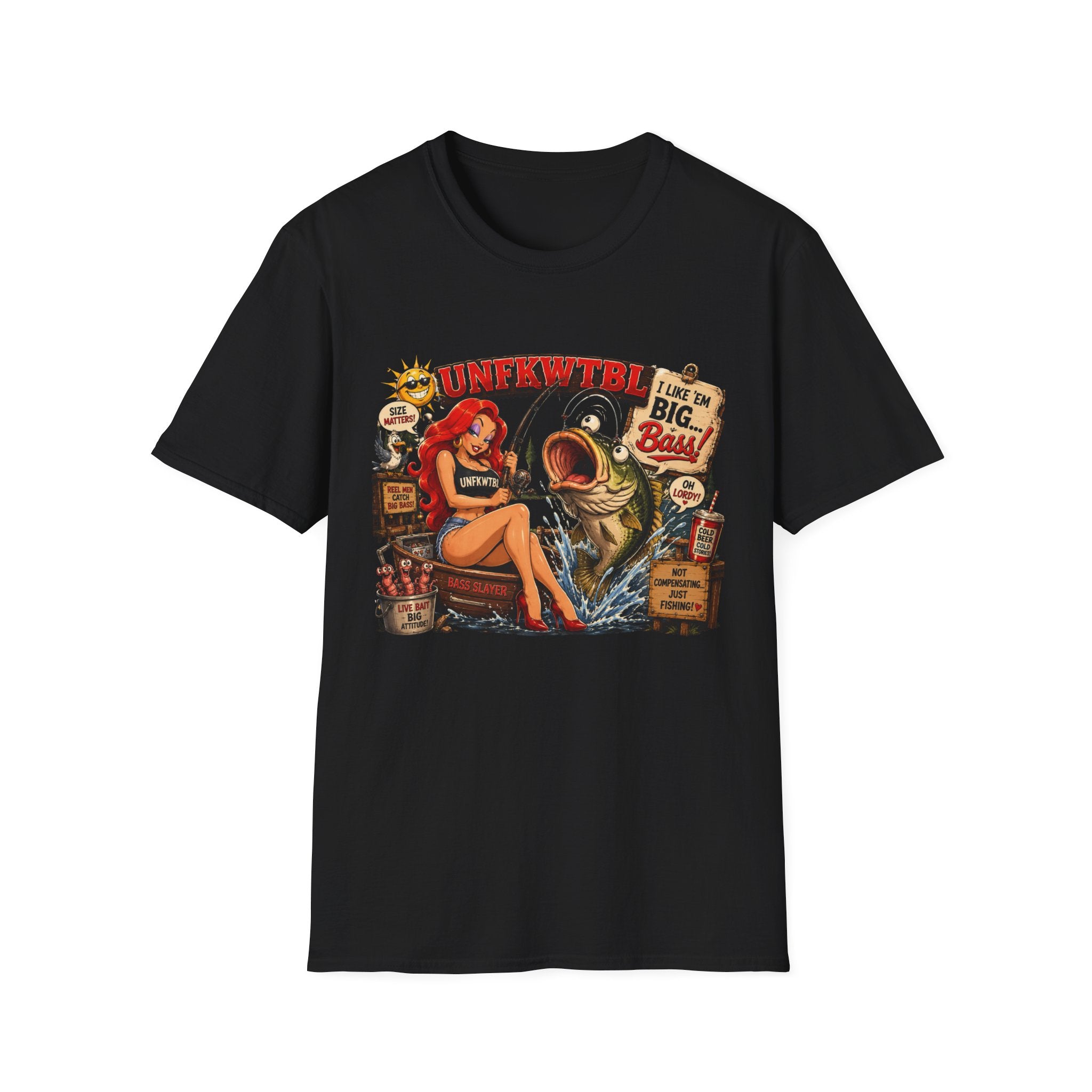 Fishing Pin-Up T-Shirt — "I Like 'Em Big, Baby" Retro Bass Graphic