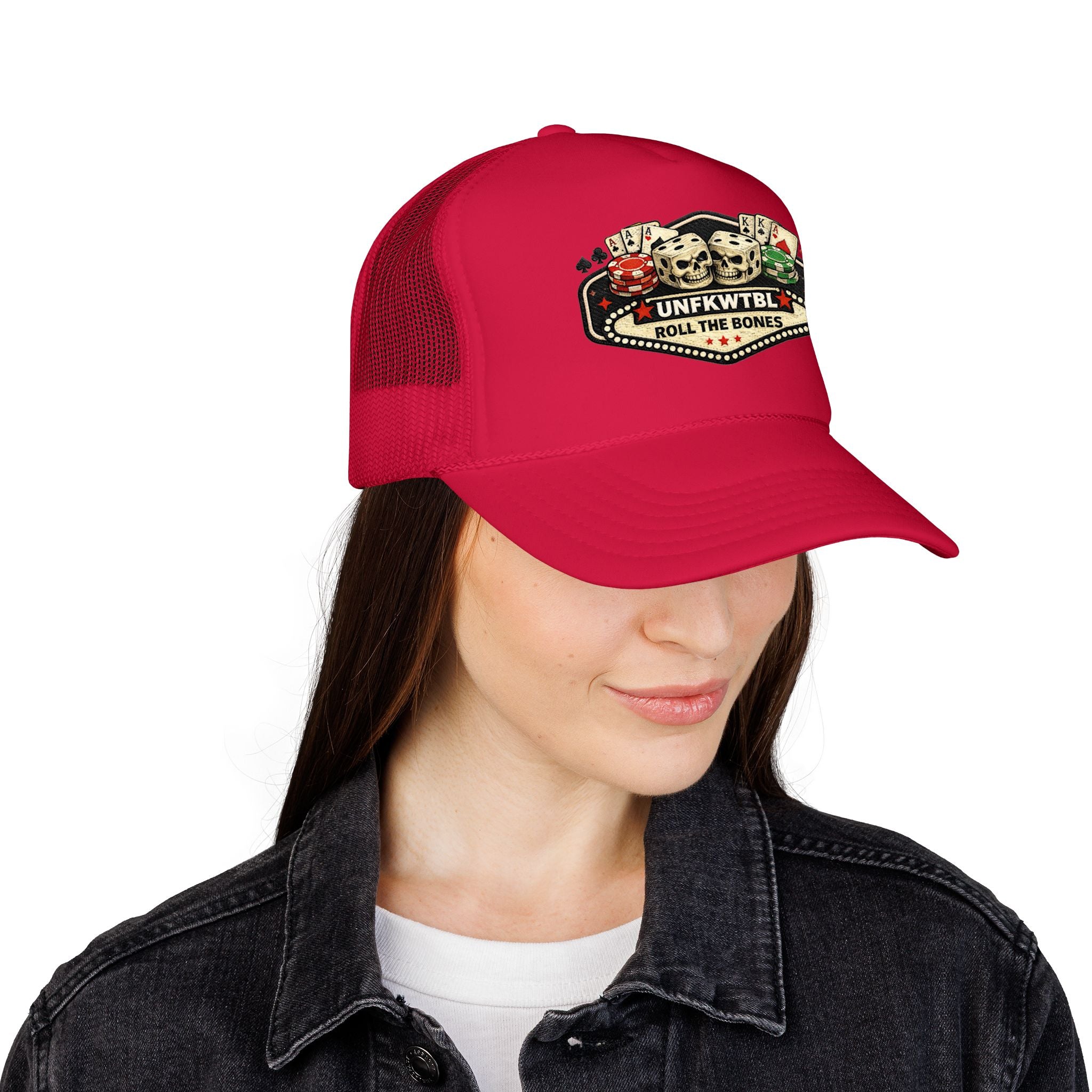 Roll the Bones Trucker Hat — Skull & Dice Poker Foam Cap